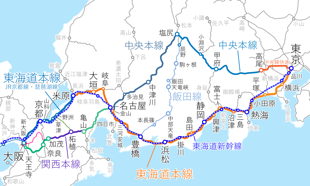 東京～大阪間-路線図-他経路